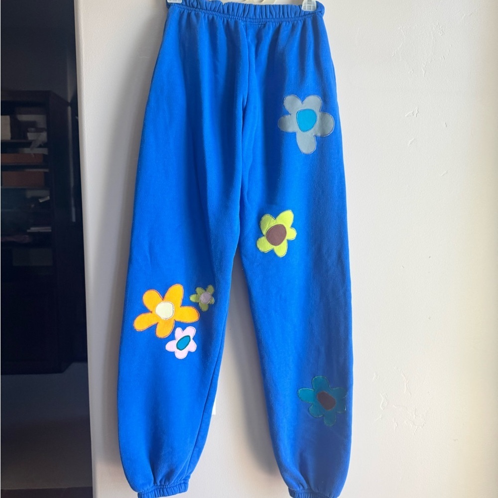 Y2K Patchwork Floral Sweatpants Blue Cozy Fleece Joggers Cottagecore Streetwear - Picture 2 of 3